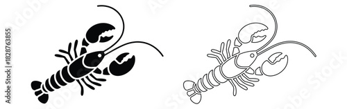 Lobster silhouette and outline for nautical designs or seaside menus,Simple lobster vector. lobster black icon isolated on white background.Lobster icon. Sea products, crayfish.