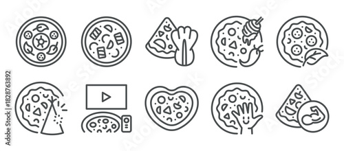 Pizza Types Icon Set. Simple Line Illustrations of Diverse Pizzas Including Vegetarian Leaf, BBQ Meat, Kids Friendly, Sweet Chili Honey, Basil Leaf, Party, Kimchi, Movie Night, Heart-Shaped, Handprint