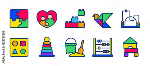 Early Childhood Education Icons Set – Puzzles, Family Heart, Building Blocks, Tangram, Bead Maze, Shape Sorter, Stacking Rings, Sand Bucket, Abacus, House Blocks. Colorful Vector Pack.
