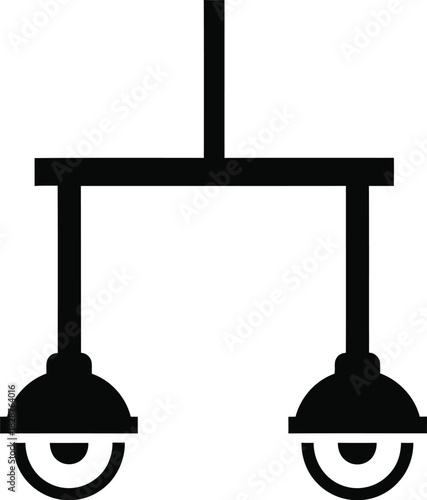 Simple black silhouette of a two bulb chandelier hanging from a ceiling mount