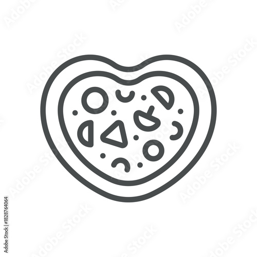 Heart Shaped Pizza Icon. Simple Line Illustration of Romantic Pizza Dinner with Heart Crust and Toppings, Representing Love Celebration, Date Night and Valentine Meal.
