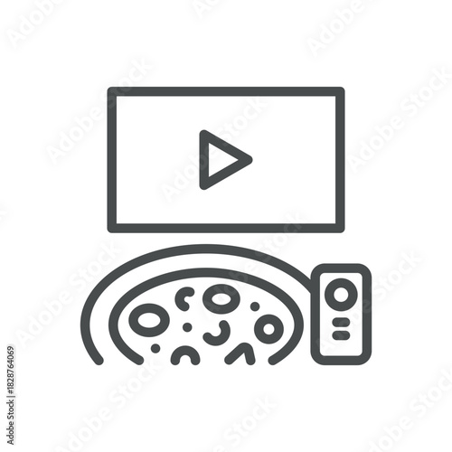 Pizza and Movie Icon. Simple Line Illustration of Pizza Plate with TV Screen and Remote Control, Symbolizing Movie Night Snack, Streaming Dinner and Home Entertainment.