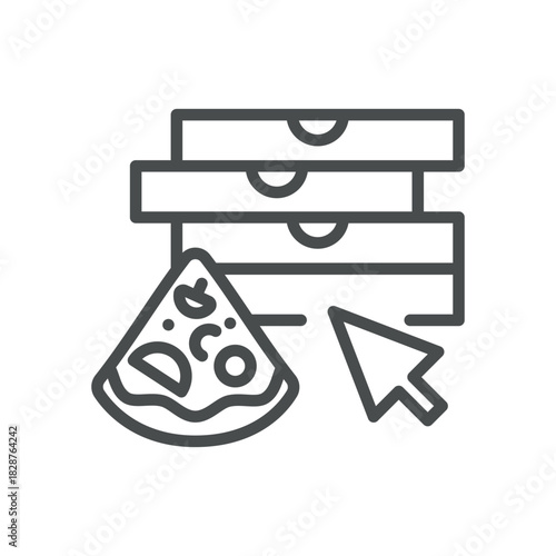 Online Pizza Order Icon. Thin Line Illustration of Stacked Pizza Boxes with Mouse Cursor and Slice, Representing Food Delivery, Digital Ordering and E-commerce Convenience.
