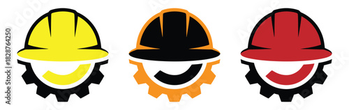 Colorful construction helmets over gears for safety industry,Safety helmet icon for your web site design,logo, app,UI.Construction helmet on the gear icon.Safety and protection, engineer.
