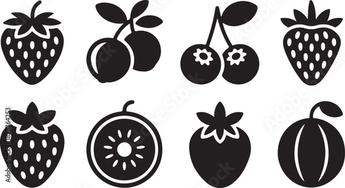 Black and white fruit icon set featuring fresh summer produce