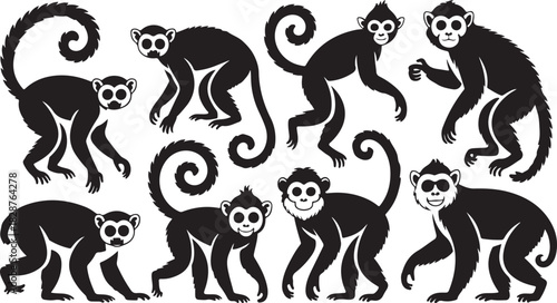 Black and white illustration of various monkeys on white background
