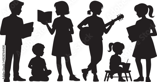 Black silhouette of family members reading playing and creating together