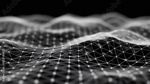 Abstract, grayscale image features a network of connected nodes undulating over a black background