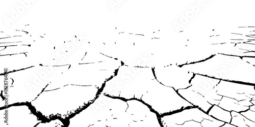 High-contrast cracked earth texture in black and white, showing deep fractures and dried soil patterns. Perfect for backgrounds, drought concepts, environmental designs, and abstract graphic use.
