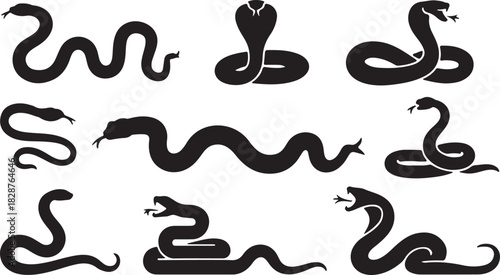 Black Snake Silhouettes Illustration on White Background for Reptile Themed Designs