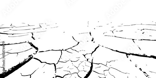 High-contrast cracked earth texture in black and white, showing deep fractures and dried soil patterns. Perfect for backgrounds, drought concepts, environmental designs, and abstract graphic use.