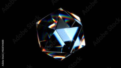 Photography Abstract Glass Transparent Icosahedron Chromatic Aberration on Black Background