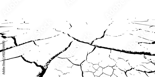 High-contrast cracked earth texture in black and white, showing deep fractures and dried soil patterns. Perfect for backgrounds, drought concepts, environmental designs, and abstract graphic use.