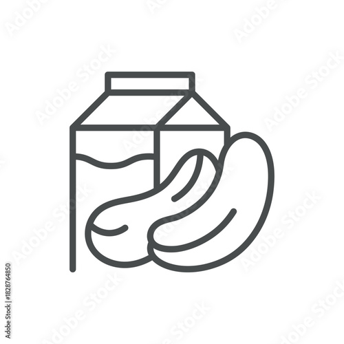 Cashew Milk Icon. Thin Line Illustration of Carton and Curved Cashew Nuts, Representing Plant-Based Beverage, Vegan Drink Alternative, and Organic Dairy‑Free Nutrition. Minimal Outline Vector Sign.
