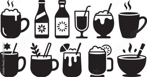 Collection of beverages drinks in black and white illustration style