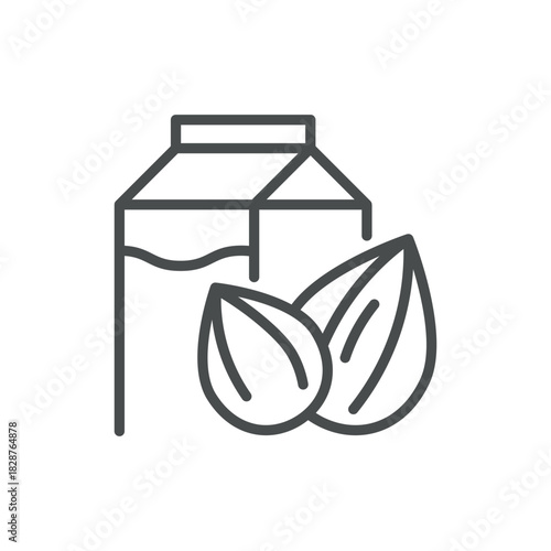Almond Milk Icon. Thin Line Illustration of Almond Seeds and Carton, Representing Plant-Based Beverage, Vegan Drink Alternative Milk, and Organic Almond Nut Nutrition. Minimal Outline Vector Sign.
