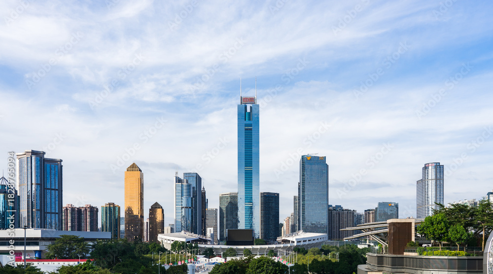 Naklejka premium Architectural views of Tianhe District (BCD) and Tianhe Sports Center in Guangzhou, China