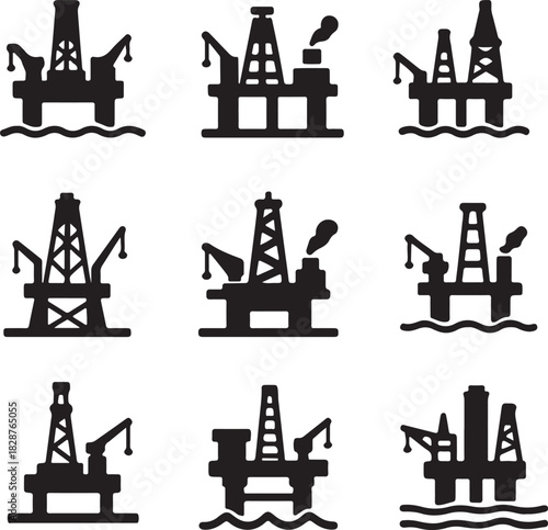 Offshore Oil Rig and Drilling Platform Icon Set Silhouette Vector Illustration