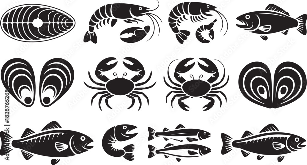 Obraz premium Collection of seafood icons in simple black and white style