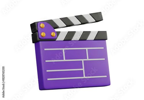 Purple and grey 3d render of a clapperboard for film production