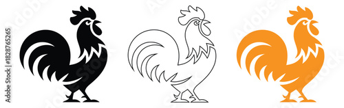 Rooster silhouettes in black, white outline, and orange color,Rooster logo vector icon symbol.Rooster chicken cock.vector illustration,silhouettes chicken. hen. rooster.black isolated white background