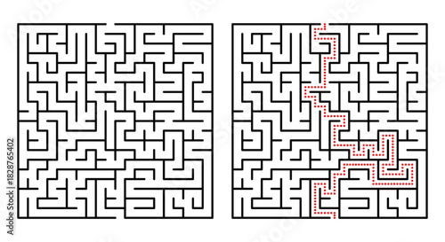 Abstract geometric labyrinth with red neon lines on a black background. Modern maze design ideal for tech themes, digital graphics, puzzles, and futuristic concepts.