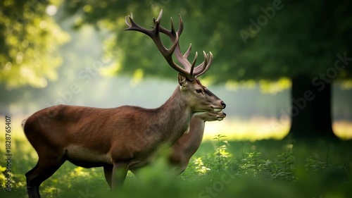 Majestic stag and doe stand alert in sun-dappled forest clearing, evoking nature's wild beauty. 4k high quality footage