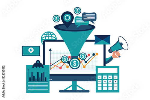 Sales funnel analysis. Digital marketing. Strategy, conversion rate optimization concept