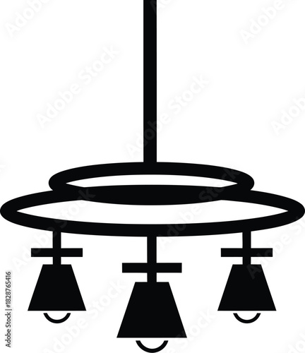 A minimalist black silhouette of a three light pendant chandelier hanging from a ceiling rod