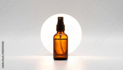 Wallpaper Mural Small amber glass spray bottle with gold accents and black pump on a white surface with a white circle Torontodigital.ca