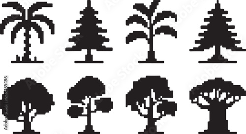Diverse pixelated tree silhouettes representing various tree species and types