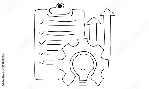 Hand Drawn Productivity Icon Set – Checklist, Gear, and Light Bulb Growth Illustration