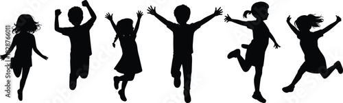 appy Black Silhouette of Diverse Children Jumping and Running, Celebrating Freedom, Fun, Childhood, and Active Play on White Background