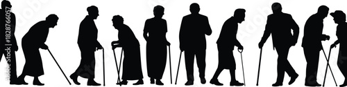 Black Silhouettes of Elderly Seniors and Grandparents Walking and Standing, Using Canes, Representing Aging, Retirement, Healthcare, and Assisted Living