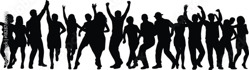 Crowd of happy people dancing silhouette, isolated on white background, representing party, celebration, event, fun, music, nightlife, friendship, youth culture, and joyful excitement