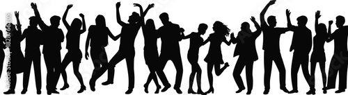 Large Group of Black Party Silhouettes Dancing, Celebrating, and Having Fun at a Concert, Event, Nightclub, or Music Festiva