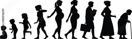 Silhouette of life cycle stages girl, teenager, pregnant woman, businesswoman, adult, elderly, generation, aging, growth, development, isolated, black, white