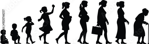 Woman Life Stages Silhouette Black Vector Evolution Set Isolated from Baby to Old Age Pregnancy Motherhood Retirement Aging Process Timeline