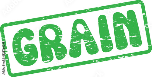 Green grunge textured rubber stamp impression featuring the prominent word GRAIN within its rectangular border