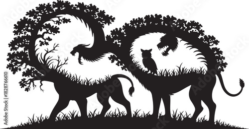 Silhouette Fantasy Creature with Tree and Lion Head Concept Art Design