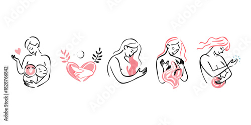 Motherhood, maternity, babies and pregnant women logos, collection of fine, hand drawn style vector illustrations and icons .vector 
