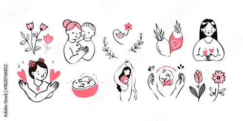 Motherhood, maternity, babies and pregnant women logos, collection of fine, hand drawn style vector illustrations and icons .vector 
