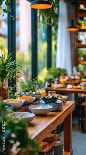 Bright and inviting restaurant interior with a buffet spread featuring colorful dishes and greenery