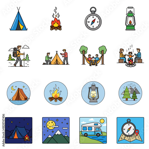 Camping adventure vector collection with tents, campfire, lantern, compass, mountains, hiking scenes, outdoor activities, colorful minimal flat style