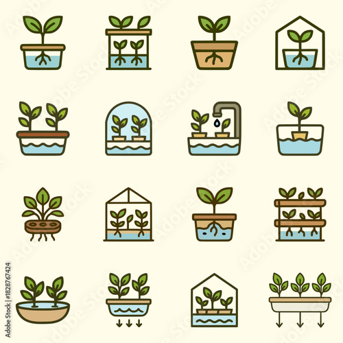 Hydroponic farming and urban agriculture vector icon collection showing nutrient systems, seedlings, irrigation methods, greenhouse setups, and modern plant cultivation tools