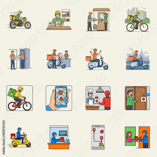 Colorful food delivery service illustrations featuring couriers on motorcycles and bicycles, customer pickups, mobile tracking apps, and restaurant order preparation