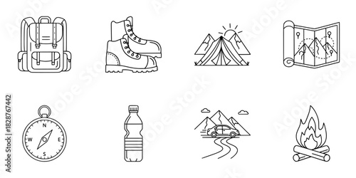 Camping and hiking essentials outline vector set with travel gear, navigation tools, campfire, mountains, water bottle, and road trip illustration