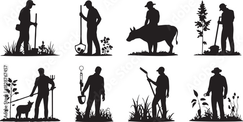 Silhouettes of people working in the garden and with animals