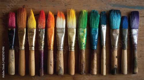 Colorful Paint Brushes Arranged in a Row on a Wooden Surface