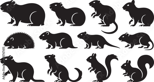 Silhouettes of various rodents in vector format for graphic design